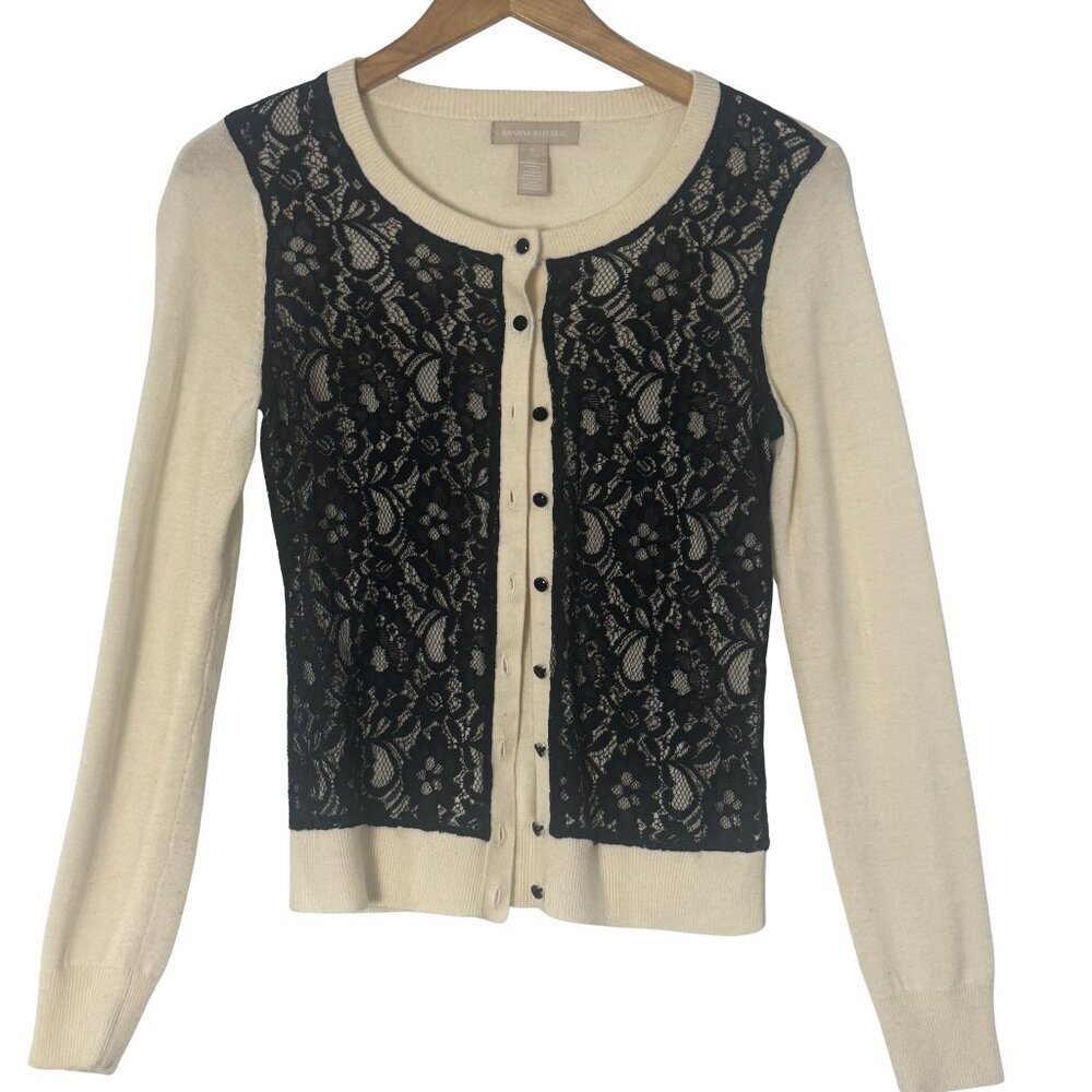 Banana Republic Lace Front Button Cardigan Cream & Black SIZE S
